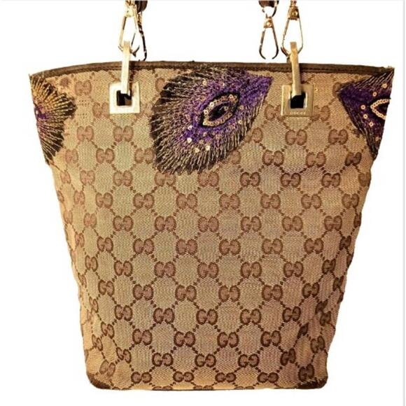 GUCCI Small Tote Shoulder Bucket Bag Monogram Peacock Embellished Sequin Tote